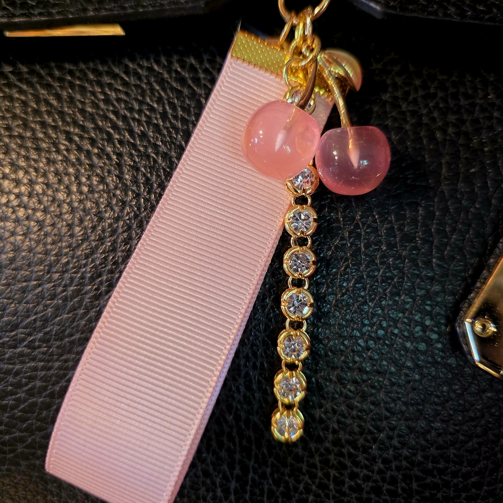 Pink Ribbon Handbag Charm/Keychain with Elegant Gold Accents